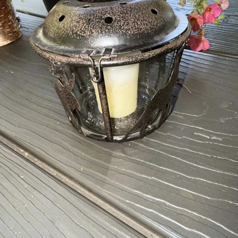 Rustic Metal Elk Round Closed Vented Top Candle Holder 5